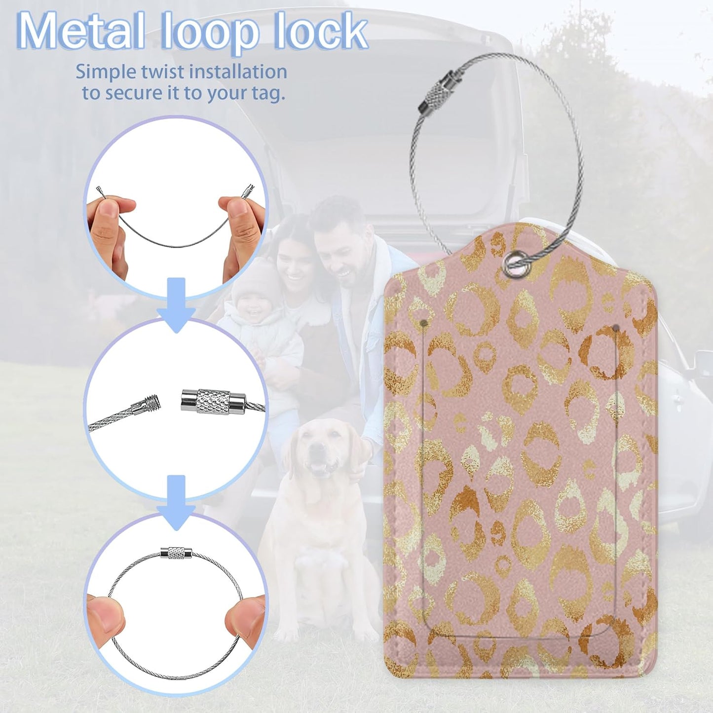 3 Pack Luggage Tags,Leather Suitcase Tags with Privacy Cover Name Address Labels& Durable Steel Loop for Men/Women Travel Bag Suitcases(Gold Leopard)