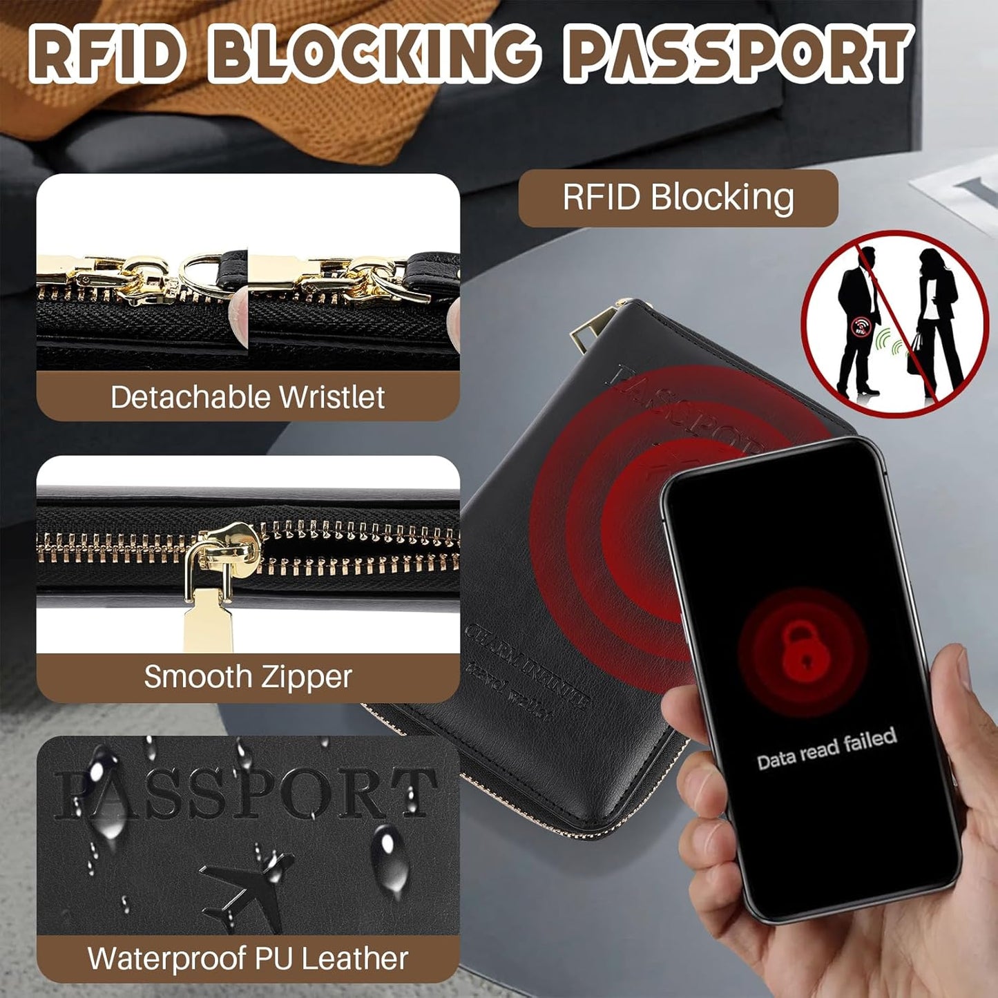 Passport Holder Wallet with Tracker Case, RFID Blocking PU Leather Passport Cover, Travel Document Organizer Wallet for Men and Women (Brown)