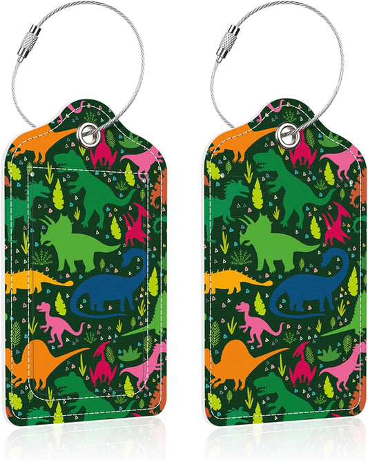 2 Pack Luggage Tag for Suitcase,Colored Dinosaur PU Leather Suitcase Tags Identifiers with Privacy Name Address Labels and Steel Loop for Women Men Travel