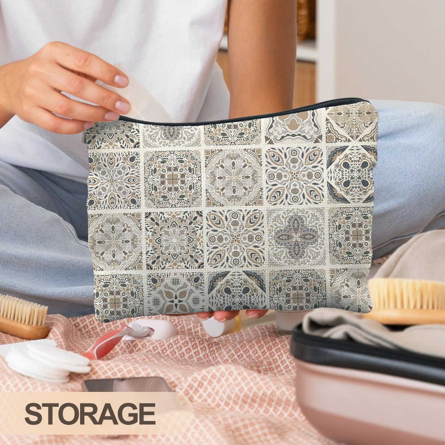 Vintage Boho Mandala Floral Makeup Bag, Ethnic Moroccan and Mediterranean Tile Cosmetic Bags for Women, Mexican Gifts for Women, Traditional Block Print Zipper Makeup Pouch