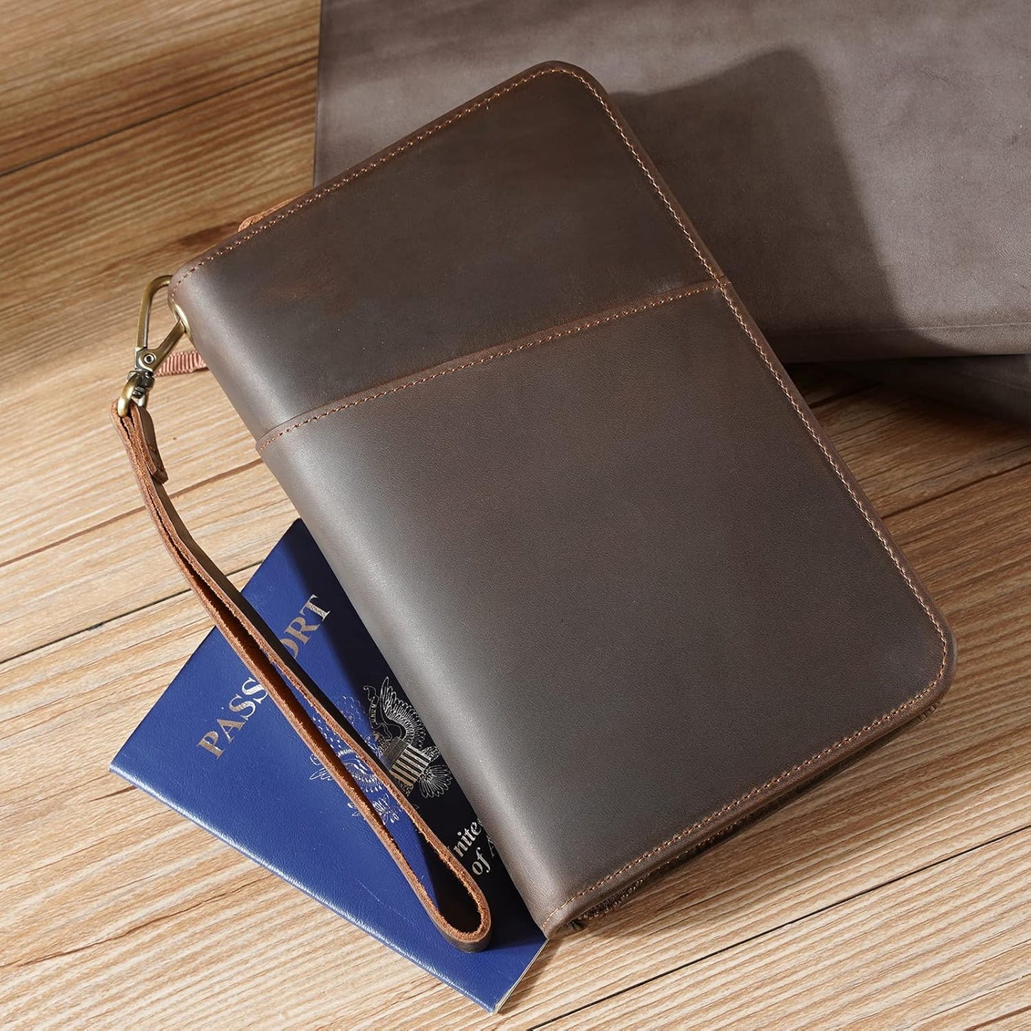 Passport Holder Wallet Full Grain Leather RFID Blocking Passport Cover Case Family Travel Wallet for 6 with YKK Zipper