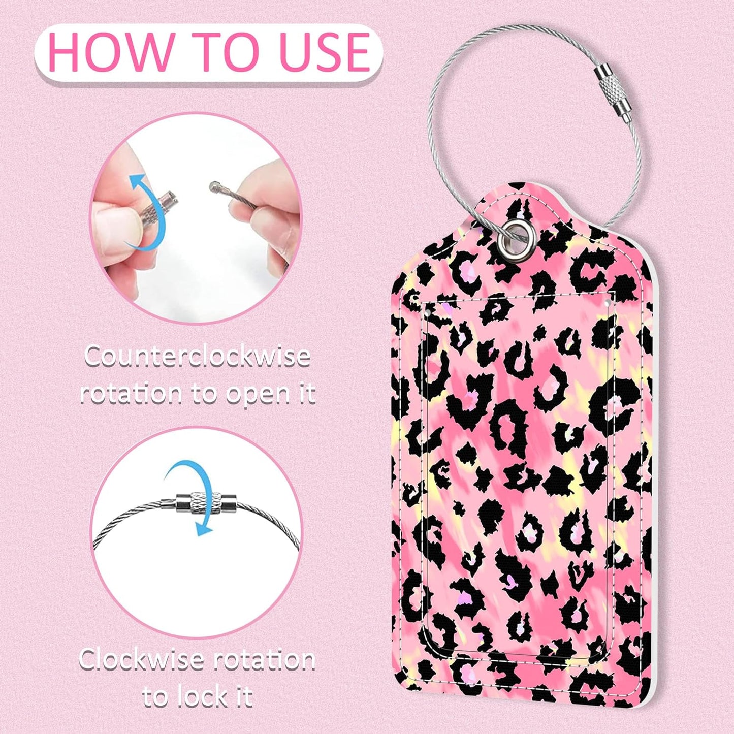 Luggage Tags for Suitcase,2 Pack Pink Leopard Print Luggage Tag,PU Leather Id Label Luggage Tags with Stainless Steel Loop and Privacy Cover for Women Men Teens Travel