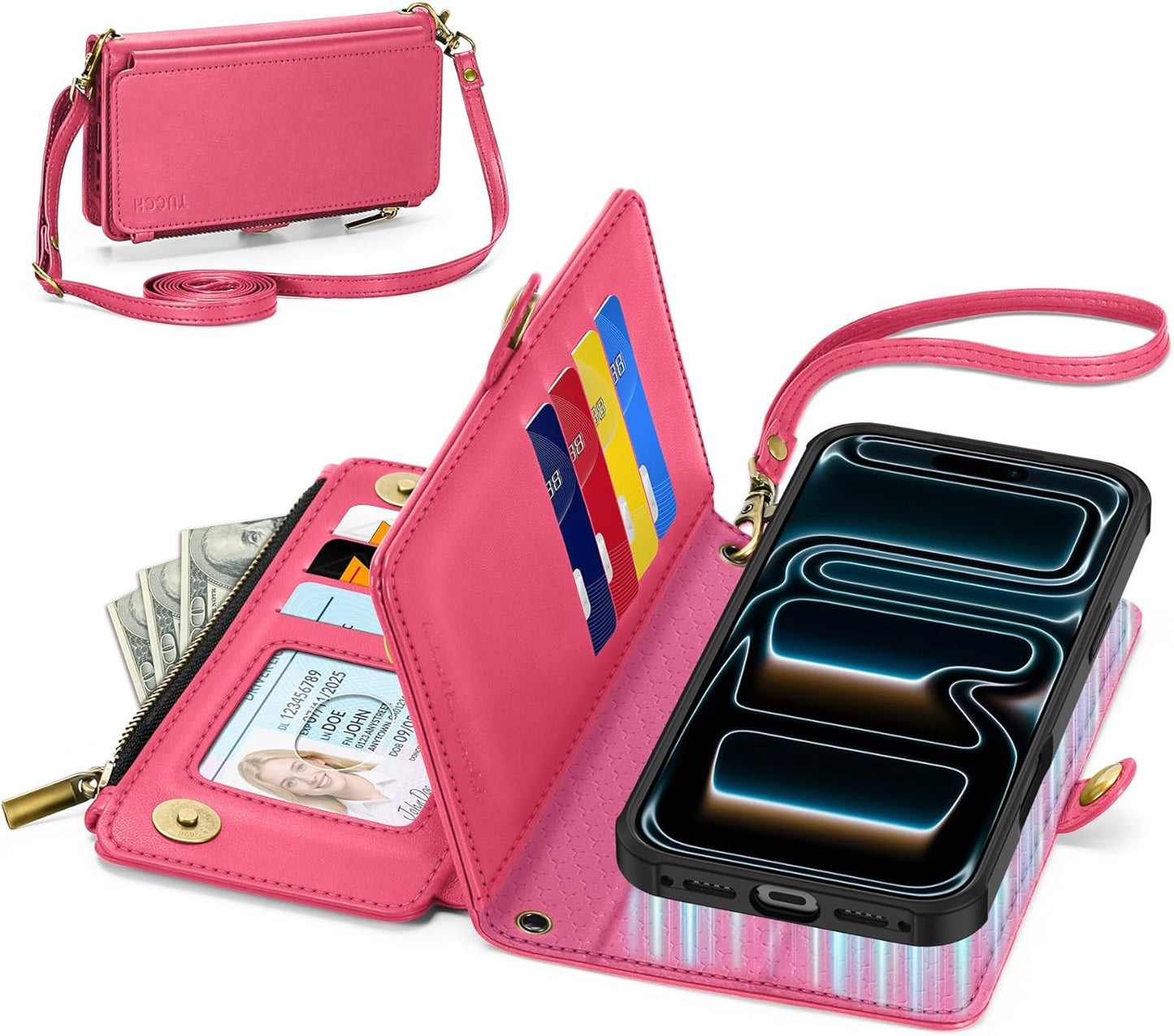TUCCH Detachable Crossbody Case Wallet for iPhone 17 Pro Max 6.9", Wireless Charging | RFID Blocking 10 Card Holder | Lanyard Wrist Strap | Stand | Zipper Pocket | PU Leather Magnetic Cover | Hot Pink