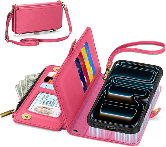 TUCCH Detachable Crossbody Case Wallet for iPhone 17 Pro Max 6.9", Wireless Charging | RFID Blocking 10 Card Holder | Lanyard Wrist Strap | Stand | Zipper Pocket | PU Leather Magnetic Cover | Hot Pink