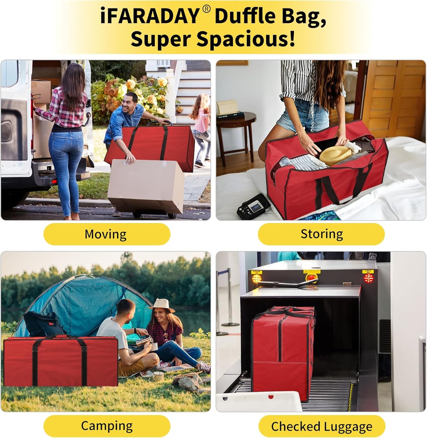 155L Extra Large Duffle Bag - 42 inch Heavy Duty & Water Resistant Duffel Bag Durable Luggage Storage Bag for Camping, Travel, Sports (Red)