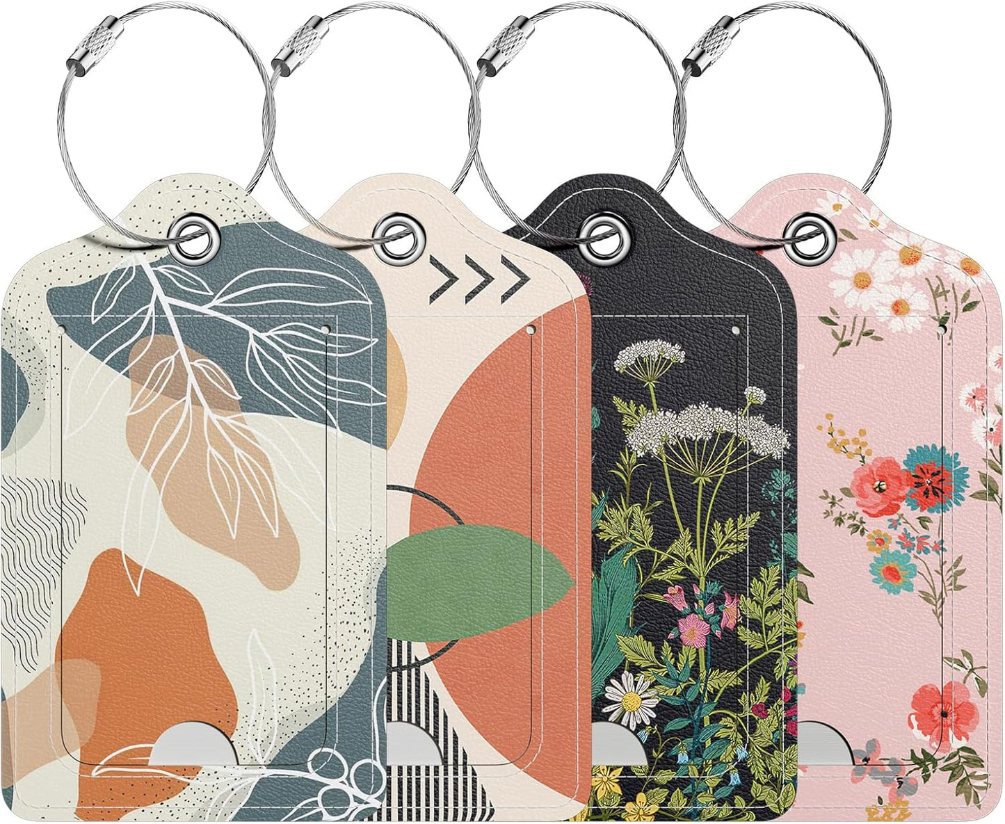 4 Pack PU Leather Luggage Tags for Suitcase, Travel Cruise Luggage Tag with Privacy Flap, Name ID Label and Metal Loop for Women Men Baggage Handbag School Bag Backpack, Flowers Bird