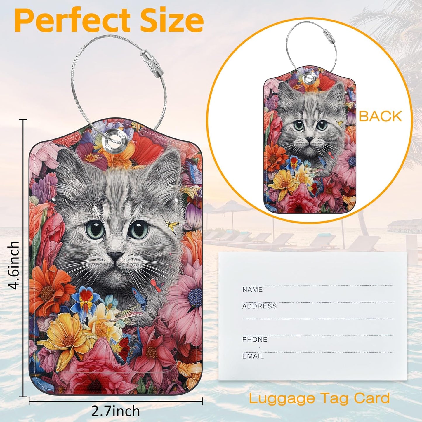 Cute Kitten Luggage Tag for Suitcase 3 Pack Cat and Flower Leather Luggage Tag with Privacy Flap Name ID Label and Metal Loop for Women Men Travel