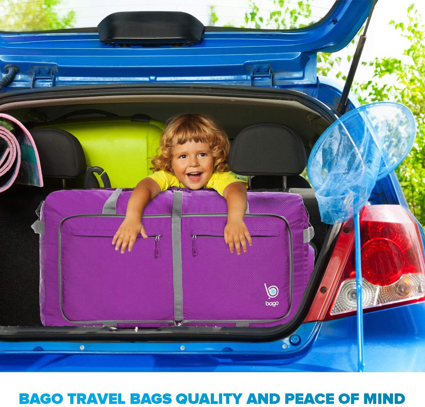 Bago Large Foldable Duffel Bags for Traveling Women & Men - 100L Packable Duffle Bag for Travel with Shoe Compartment - Water Repellant, Heavy Duty, Lightweight Folding & Collapsible (Purple)