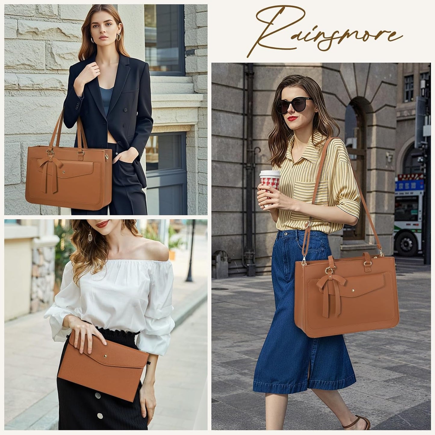RAINSMORE Laptop Bag for Women 15.6 Inch Work Tote Bags Leather Laptop Tote Waterproof Computer Bag