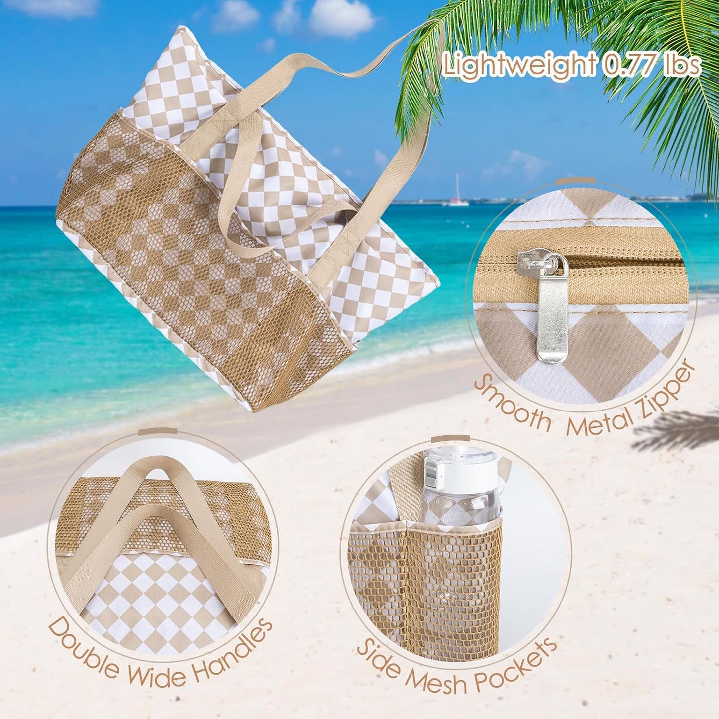 KABAQOO Large Beach Bag Waterproof Sandproof Tote Bag for Women with Zipper & Mesh Pockets for Pool Swim Travel Everyday