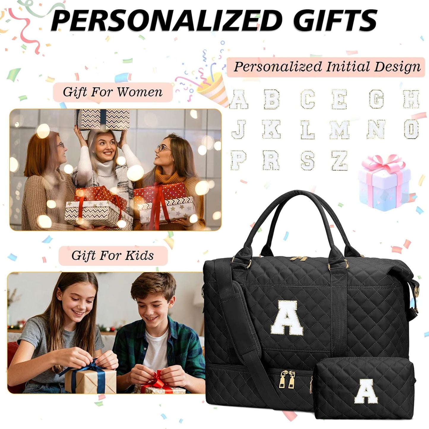 Gifts for Women Girls Initial Travel Duffle Bag Quilted Weekender Carry-On Overnight with Cosmetic