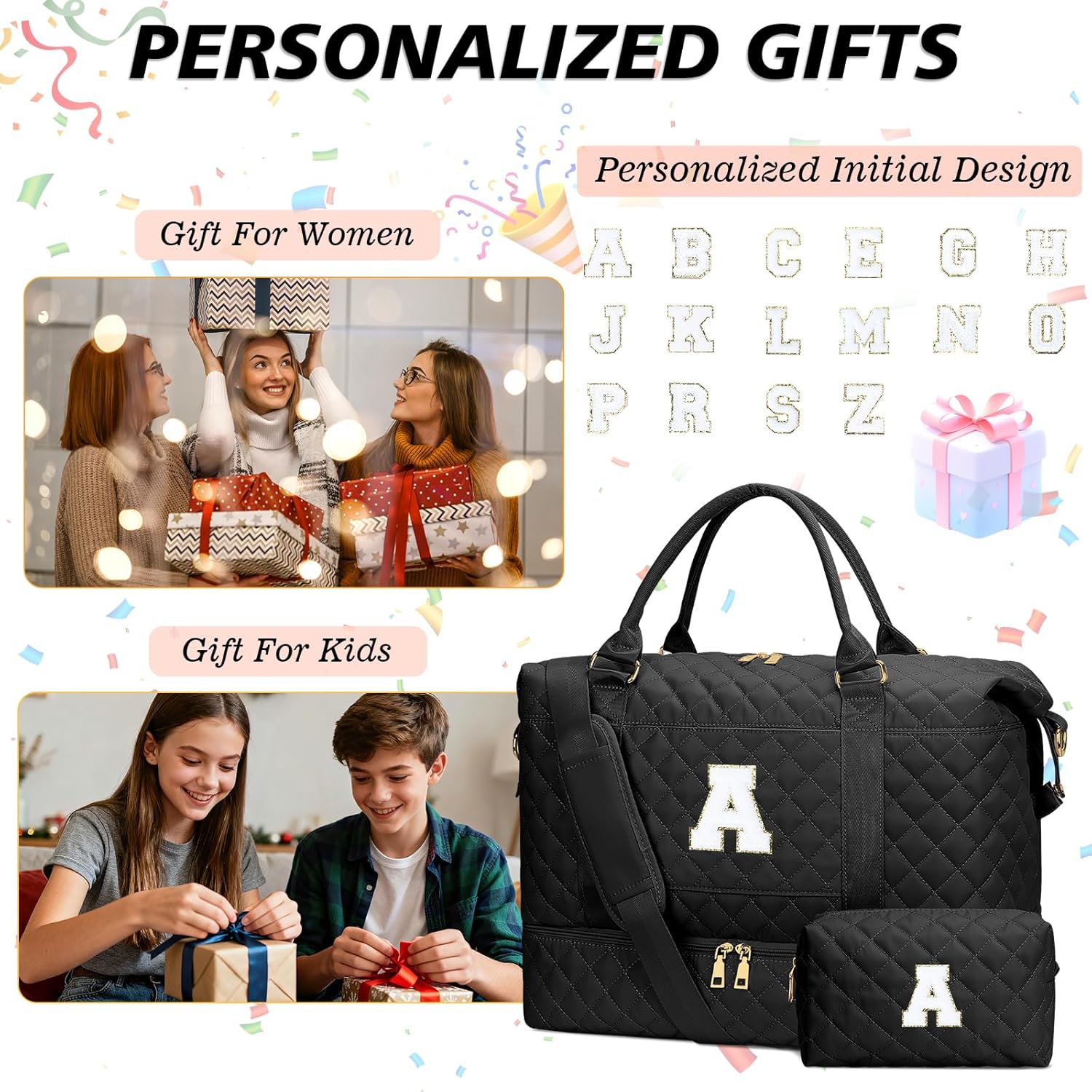 Gifts for Women Girls Initial Travel Duffle Bag Quilted Weekender Carry-On Overnight with Cosmetic