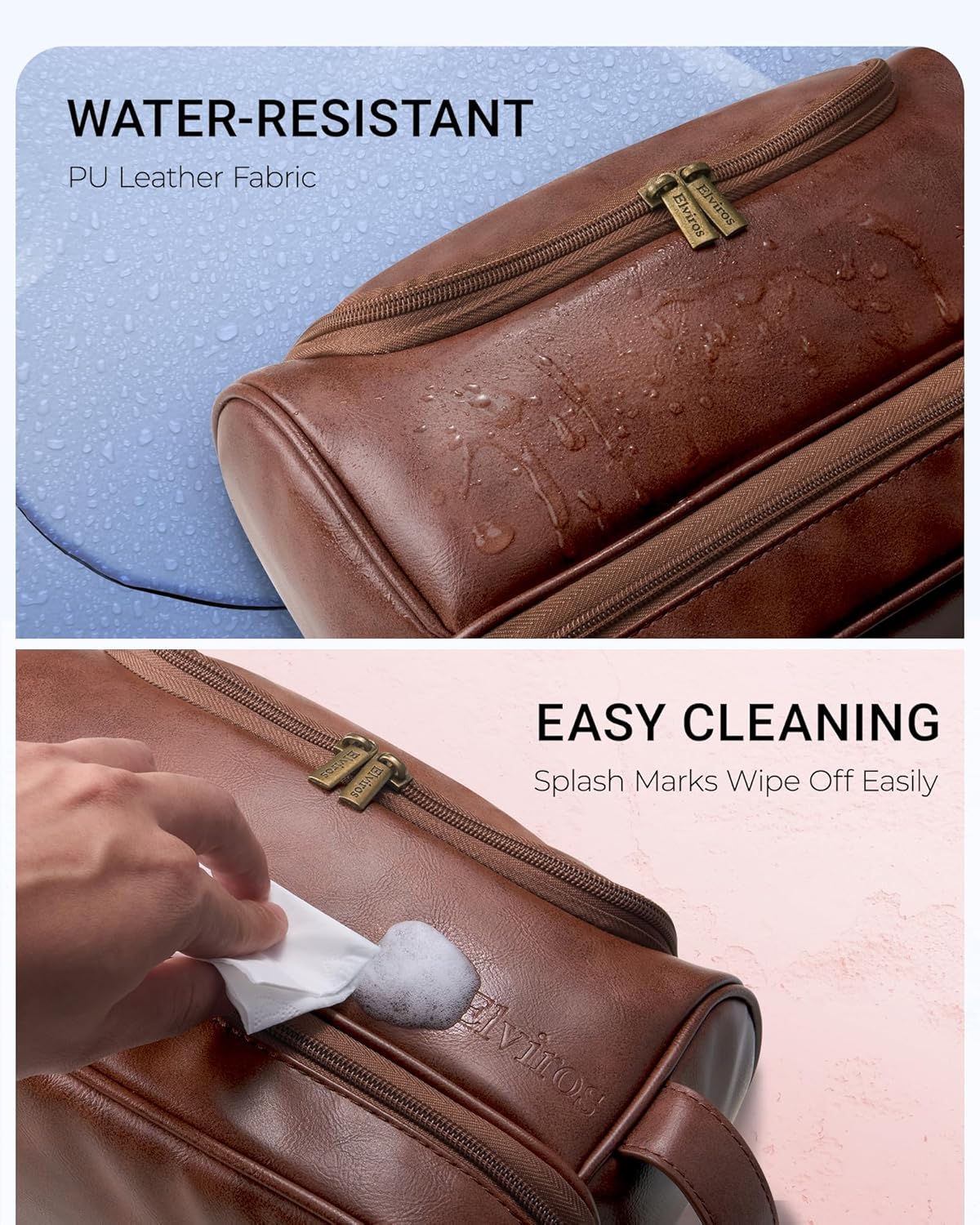 Elviros Toiletry Bag for Mens PU Leather Travel Organizer Kit with Hanging hook, Large Water-resistant Toiletries Bathroom Shaving Bags (Extra Large, Dark Brown)