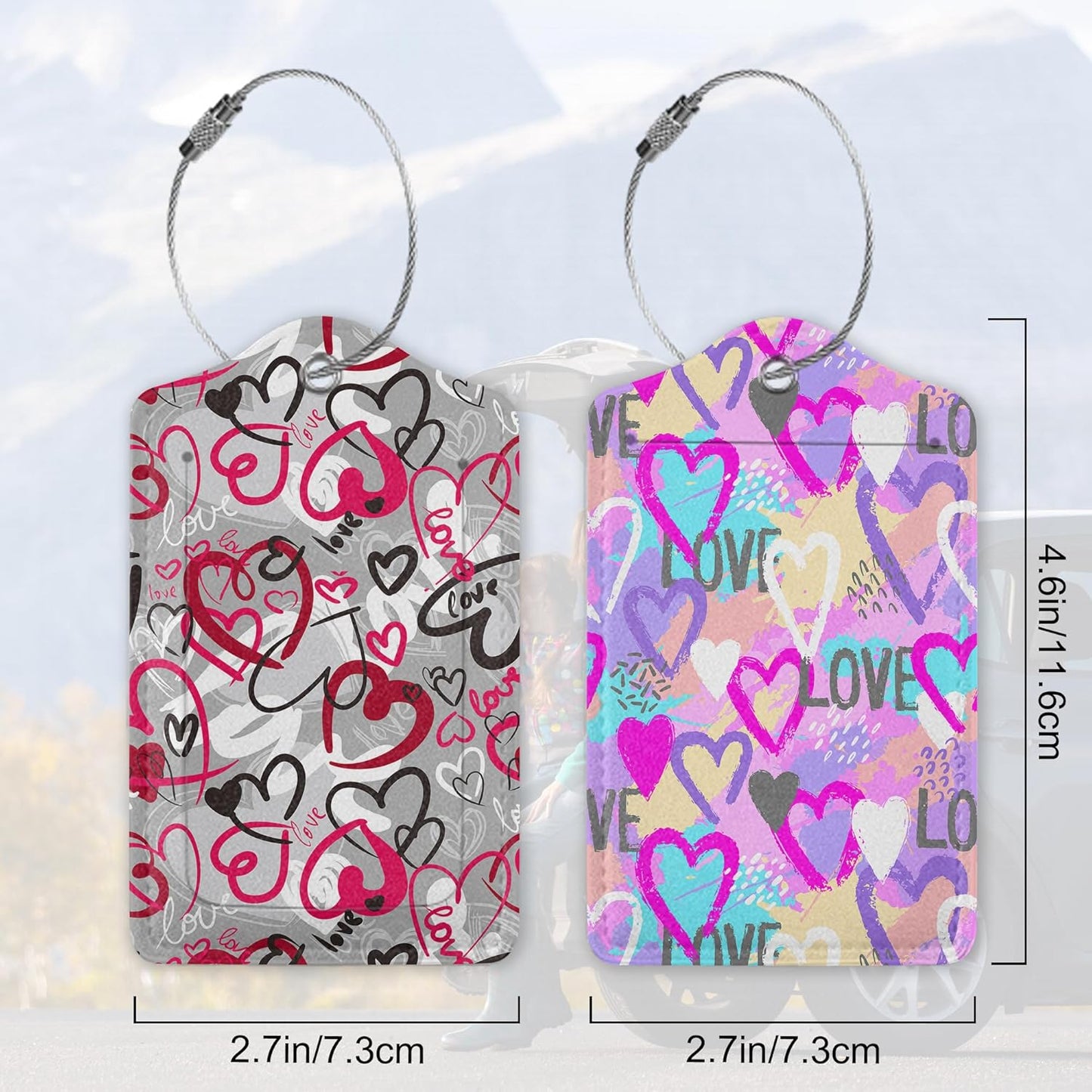 Abstract Bright Colorful Hearts Luggage Tags for Suitcases, 2 Pack Cute PU Leather Suitcase Tag Identifiers with Address Card for Baggage Tag