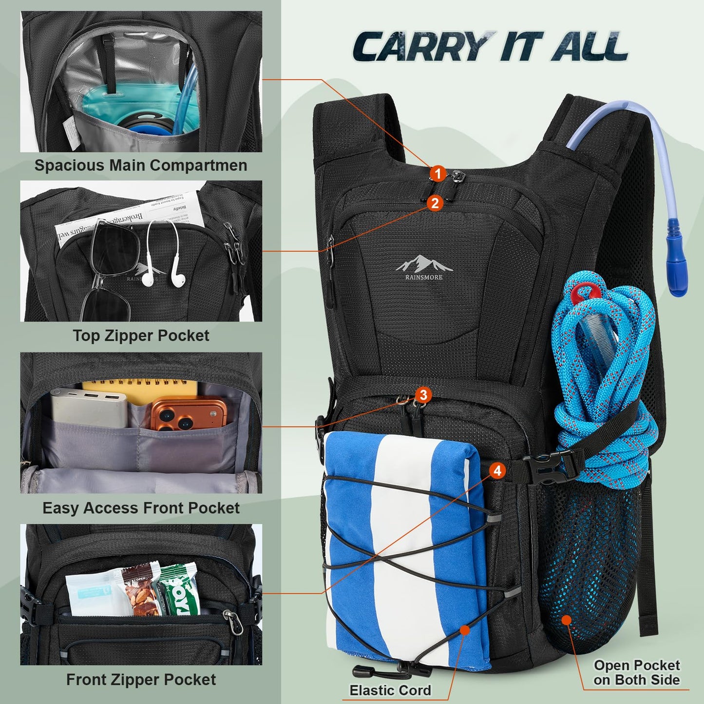RAINSMORE Hydration Backpack with 2L Water Bladder, 15L Lightweight Hiking Backpack for Women & Men