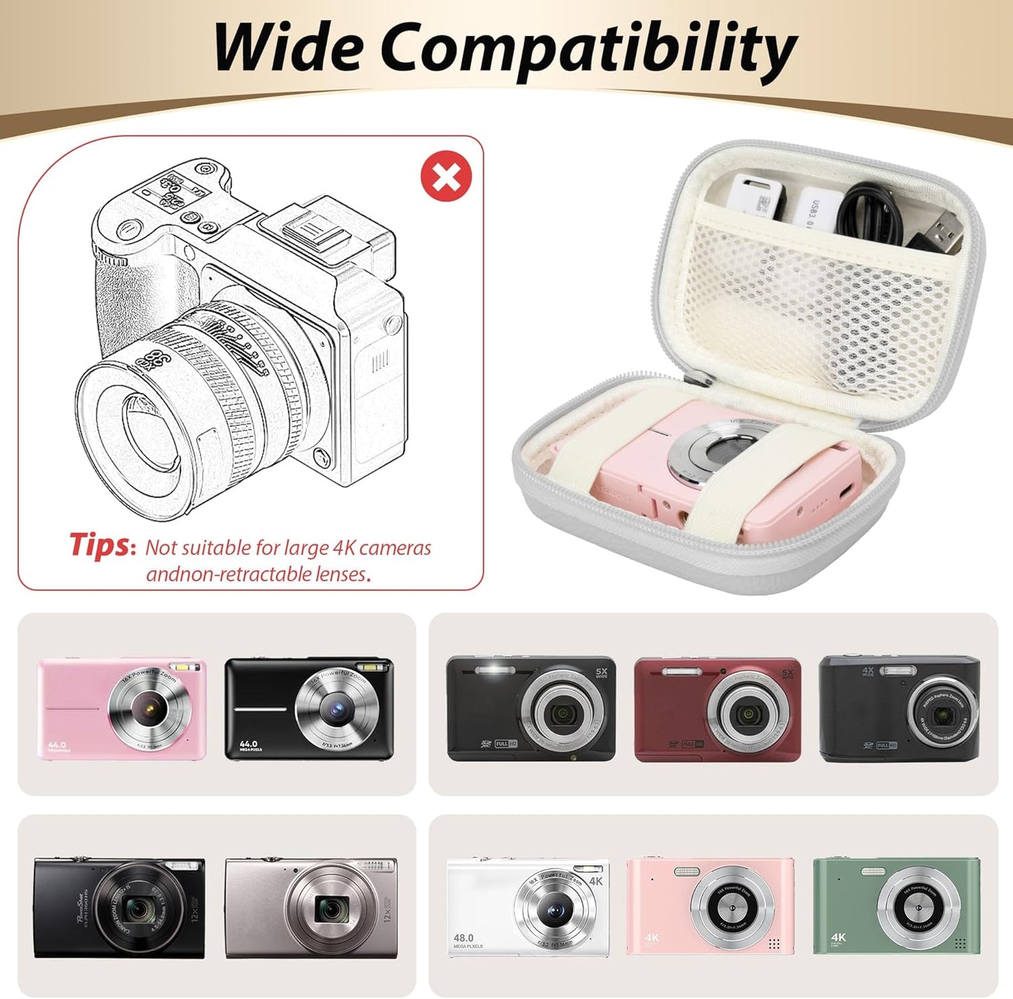 Digital Camera Case for CAMKORY, KODAK PIXPRO FZ45/FZ55, Canon IXUS 285 HS, Lecran, Small Travel Compact Camera Holder with Mesh Pocket for Accessories SD Card (Grey)