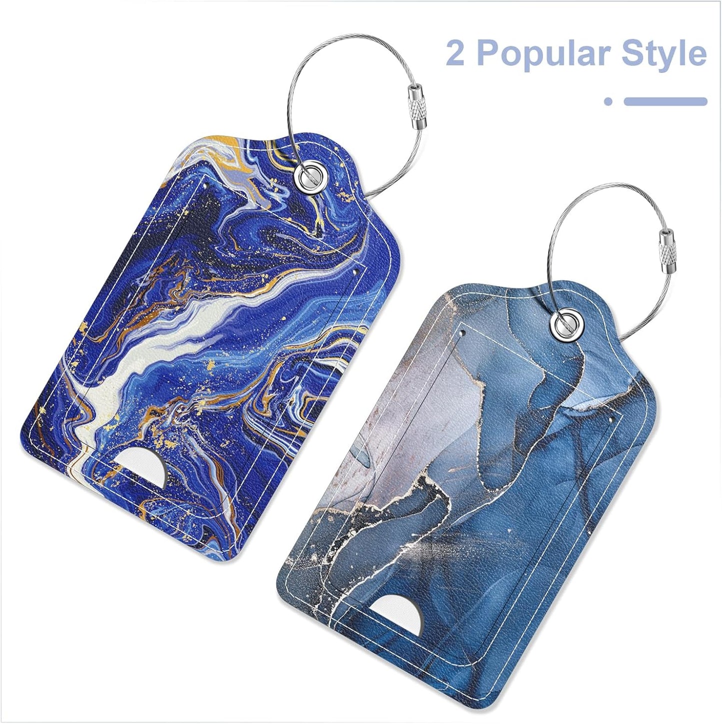 2 Pack PU Leather Luggage Tags for Suitcase, Travel Cruise Luggage Tag with Privacy Flap, Name ID Label and Metal Loop for Women Men Baggage Handbag School Bag Backpack, Blue Flow Marble