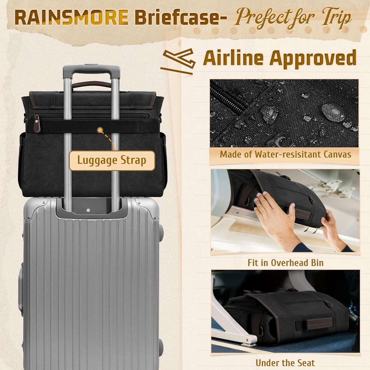 RAINSMORE Mens Messenger Bag 17-17.3 Inch Vintage Canvas Briefcase Water-resistant Large Computer