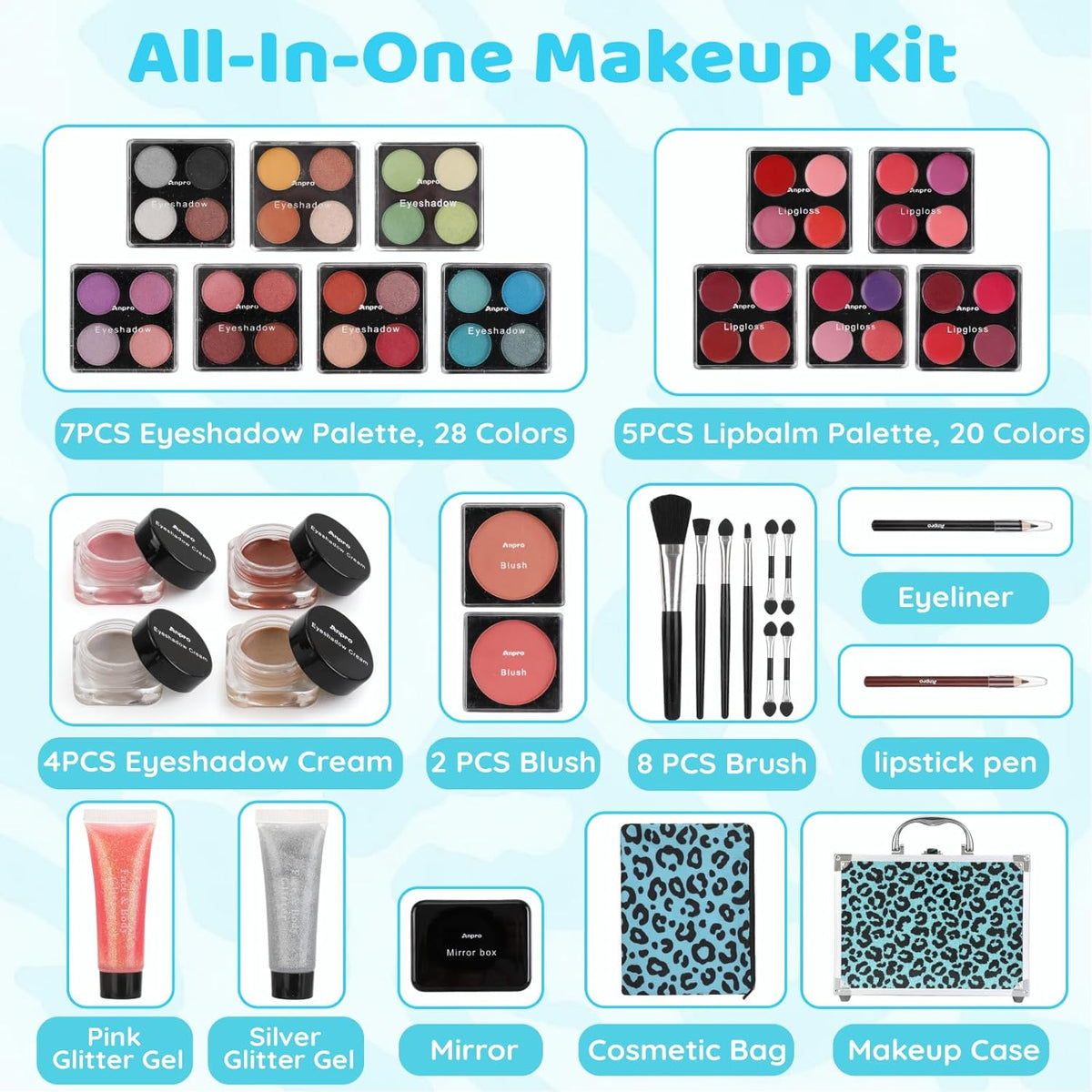 Anpro All-In-One Leopord Double Folding Makeup Carry Case with Pro Teen Makeup Set, Full Starter
