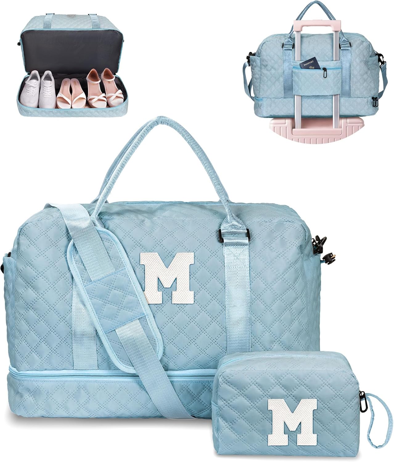 Personalized Kids Weekender Bag - Monogram Overnight Travel Duffel with Shoe Compartment, Makeup Bag, Sister, Friend, Girlfriend Gifts (Light Blue, M)
