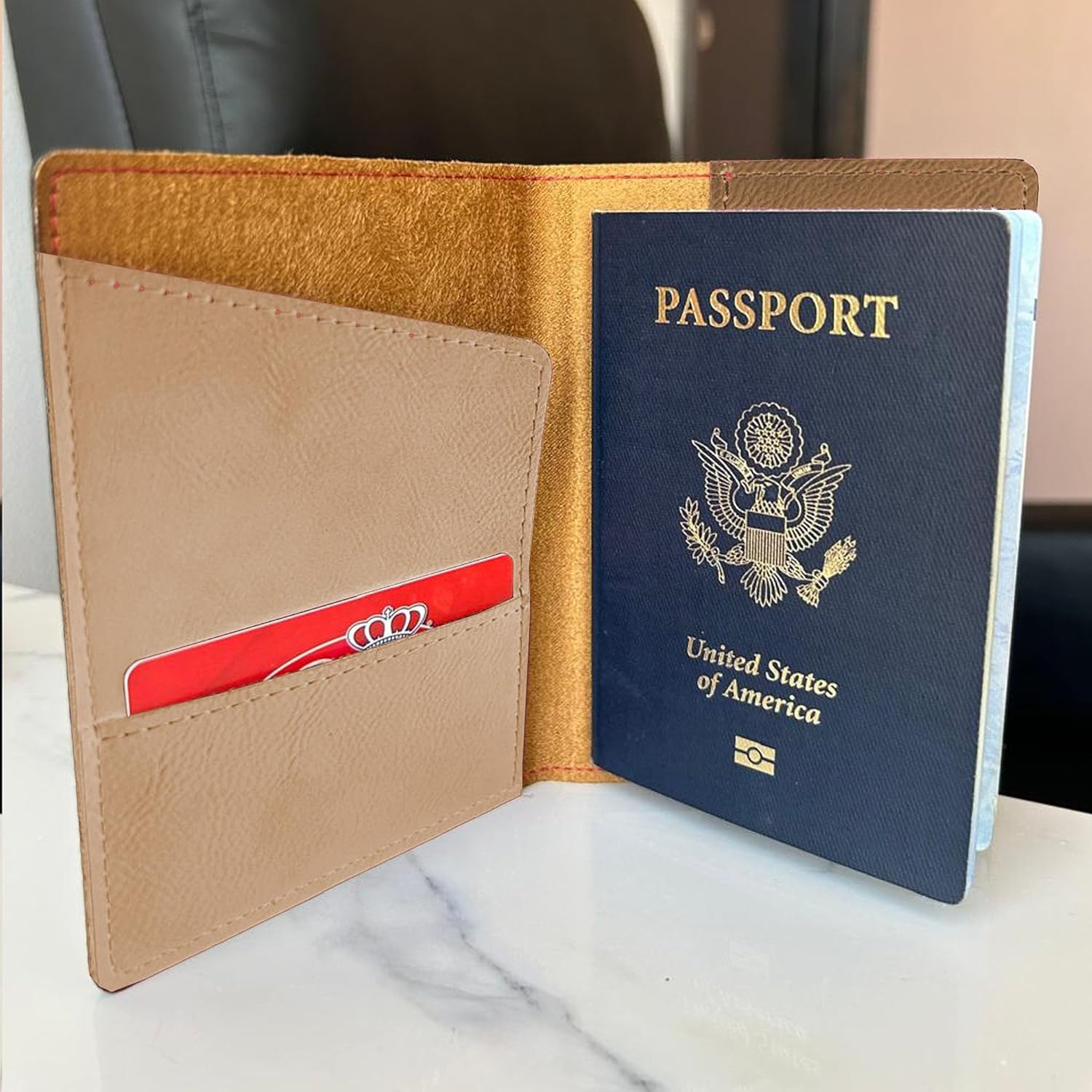 LaserGram Faux Leather Passport Holder, Coat of Arms Dominican Republic, Personalized Engraving