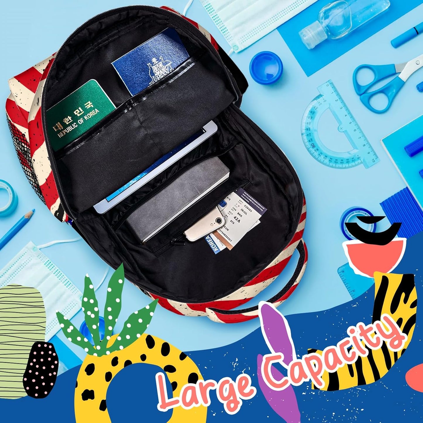 Motorcycle Us Flag Kids Backpack For Boys Girls Elementary American Patriotic Flags Schoolbag Kindergarten Bookbags Preschool School Bag Toddler Book Bags Travel Bag Hiking Camping Rucksack Daypack
