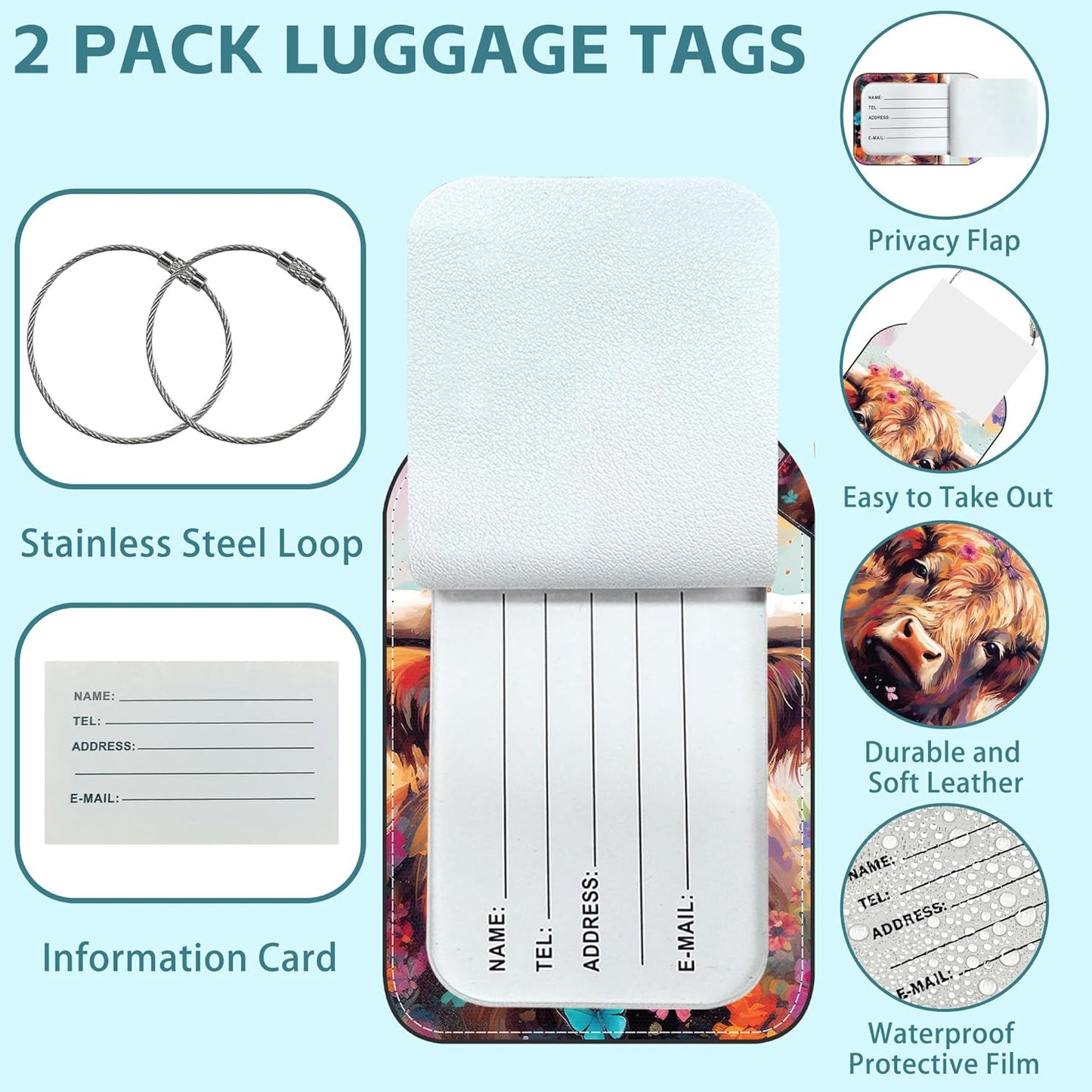 2 Pack Cute Luggage Tag for Suitcases Red Cow Leather Luggage Tags with Stainless Steel Loop Privacy Flap Name Tags,Men and Women Travel Bag Suitcase Tags
