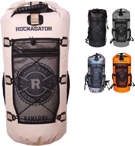Rockagator Kanarra 90L Waterproof Backpack for Camping, Hiking, Mountaineering, Backpacking, Hunting, Fishing, Canoeing, Outdoor Activities, The Wet Outdoors - Large Capacity, Roll Top Closure, Tan