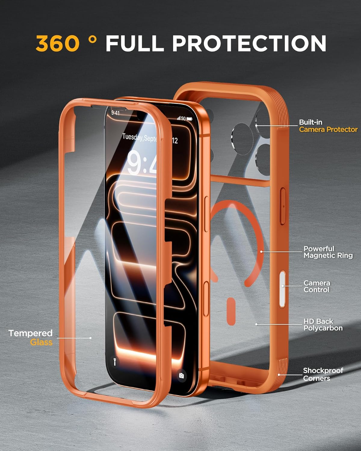 Miracase Magnetic for iPhone 17 Pro Case 6.3" [Compatible with MagSafe] Full-Body Phone Case with Built-in Glass Screen Protector & Camera Control,Drop Proof iPhone 17 Pro Cover, Orange