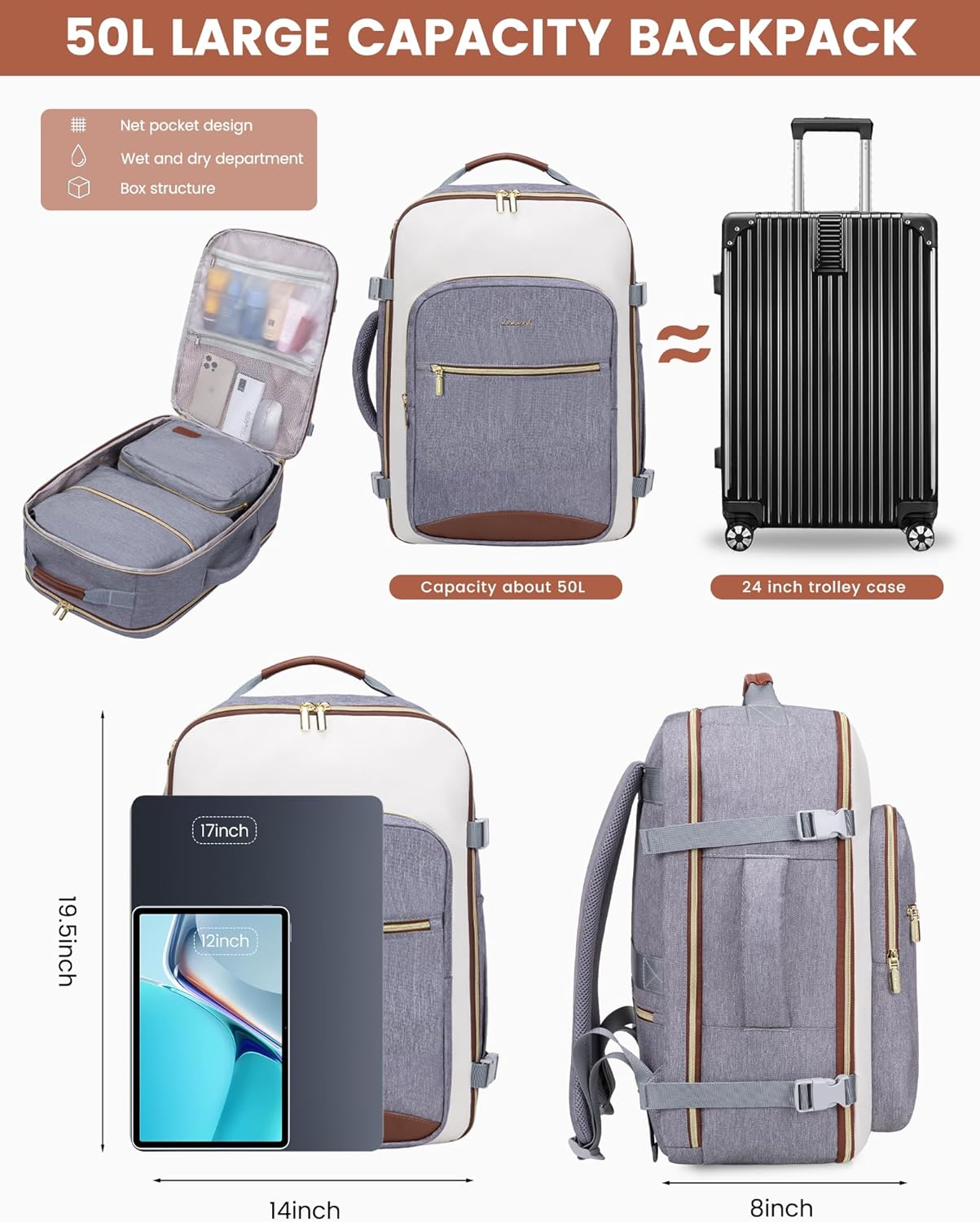 LOVEVOOK 50L Travel Backpack for Women & Men, Airline Approved Carry On Luggage with 3 Packing Cubes, TSA Overnight Bags, Waterproof Personal Item Bag, Weekender Essentials Backpacks fits 17" Laptop