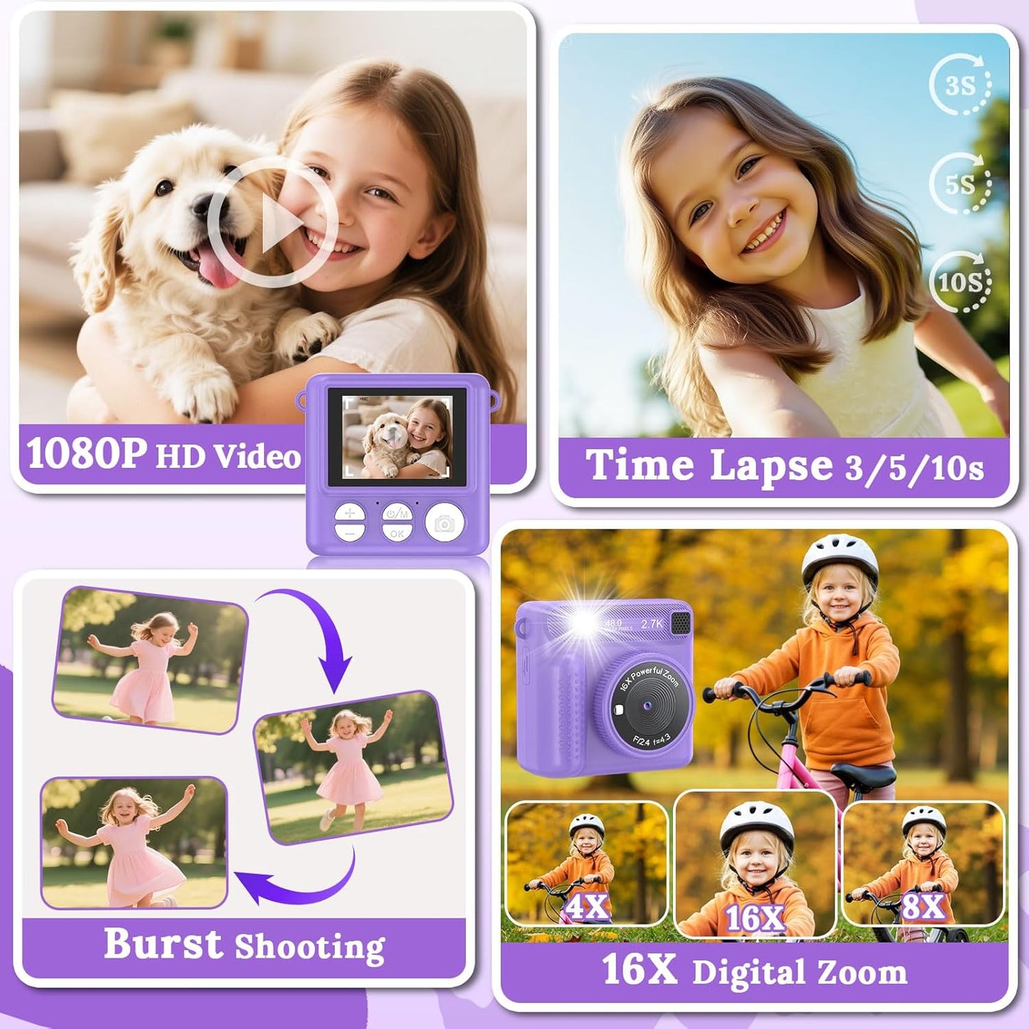 Kids Camera Instant Print, HD Digital Video Recorder with 32GB SD Card, Gifts for 3-12 Year Old Girls and Boys, Portable Toy for Toddlers and Kids - Purple