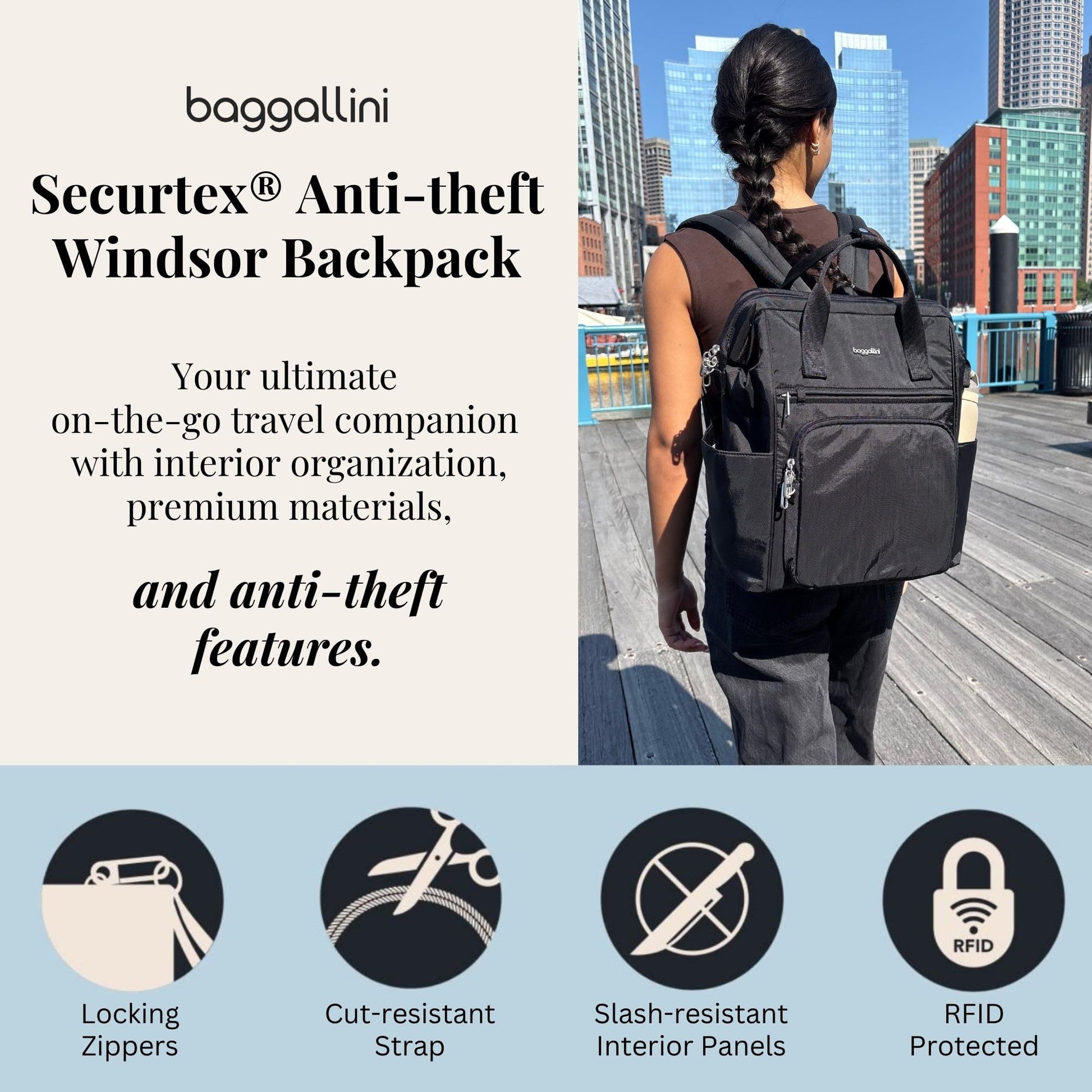 Baggallini Securtex Anti-Theft Windsor Backpack for Travel, Work & College, RFID & Locking Zipper