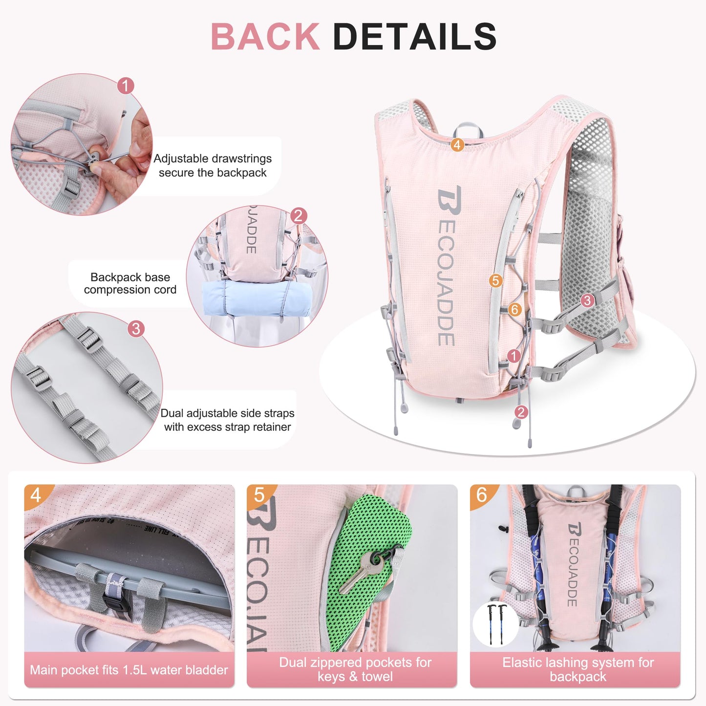 BECOJADDE Running Vest Hydration Backpack with Two 500ML Soft Water Bottles for Men Women, 5L
