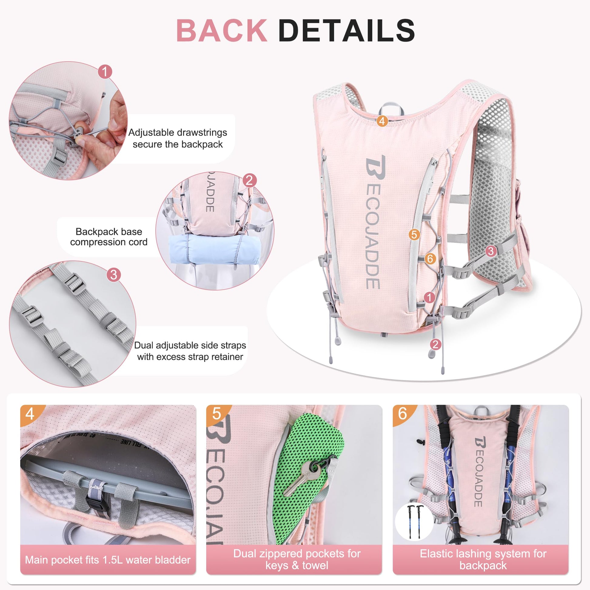 BECOJADDE Running Vest Hydration Backpack with Two 500ML Soft Water Bottles for Men Women, 5L