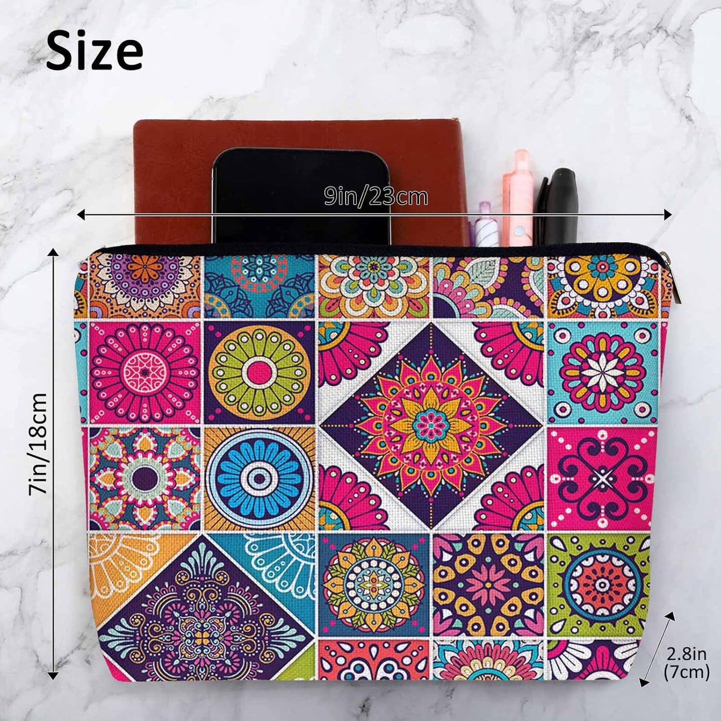 Women Makeup Organizer Bag Mandala Floral, Colorful Ethnic Mandala Flower Patchwork Flax Cosmetic Bag Makeup Bags Toiletry Bag Accessories Organizer Travel Bags For Home Bathroom Office Hotel