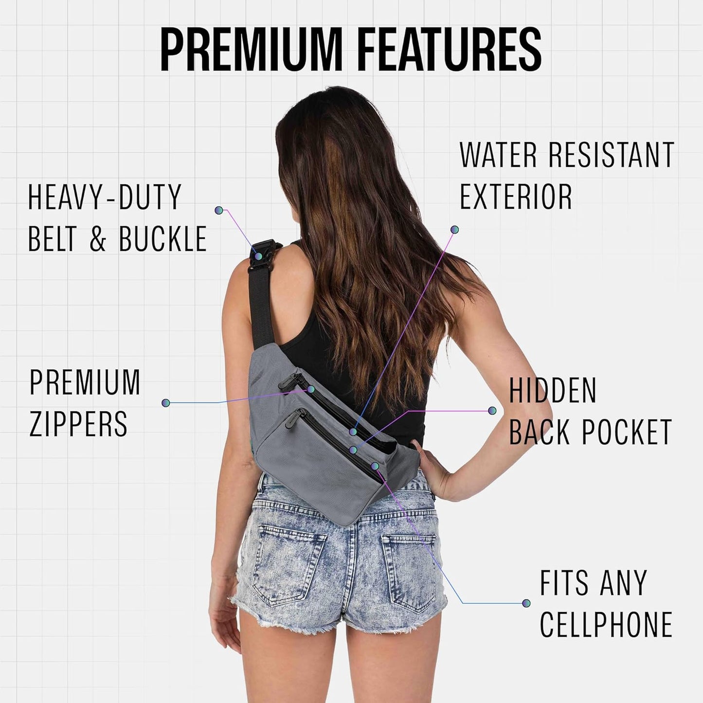 Gray Fanny Pack Belt bag - Crossbody Waist Bag for Men or Women - Hands-Free, Waterproof Large Bumbag for Hiking, Running, and Travel