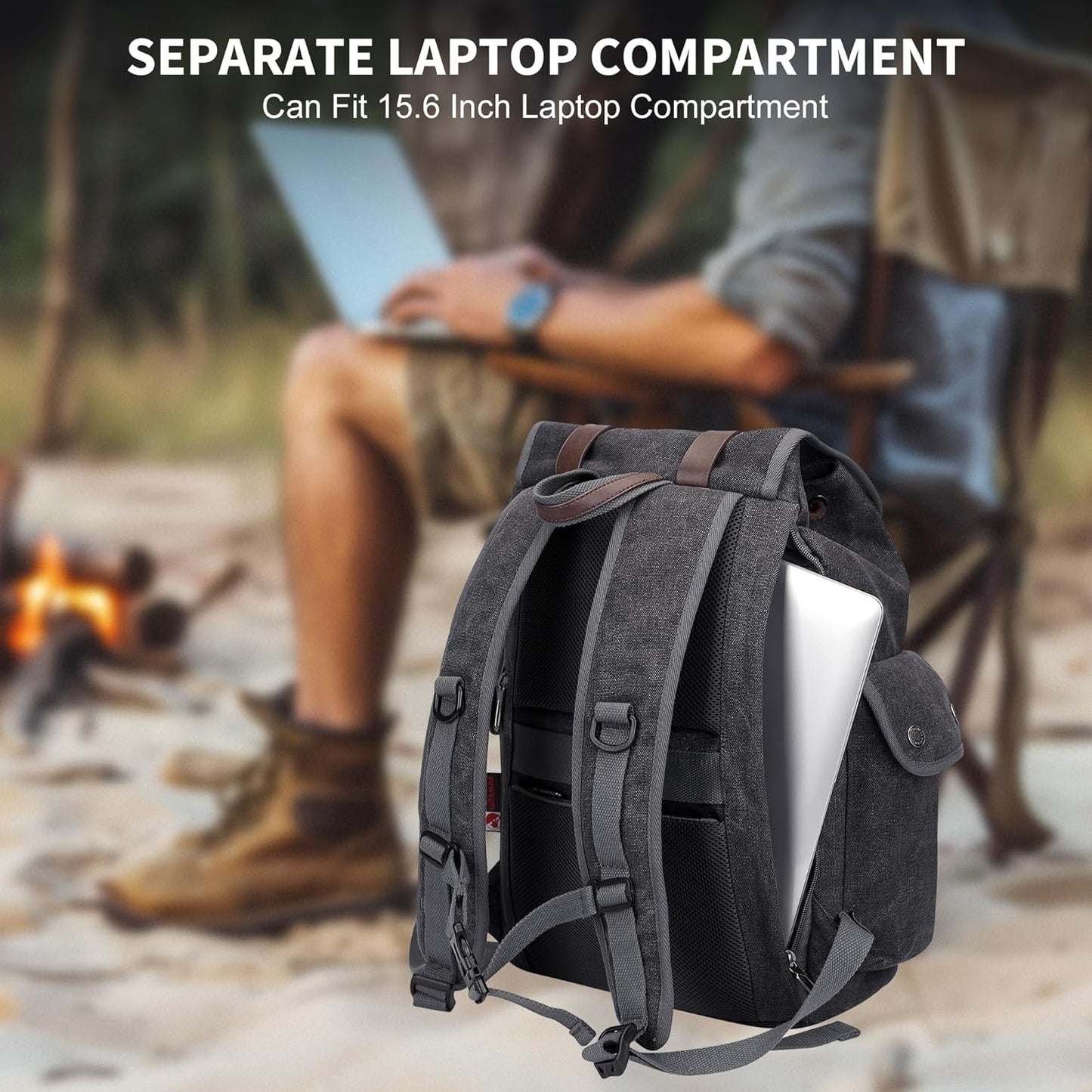 WITZMAN Canvas Backpack for Men Vintage Rucksack Fit 15.6 inch Laptop Backpack Travel High Capacity Casual Daypack (A8004 Black/Gery