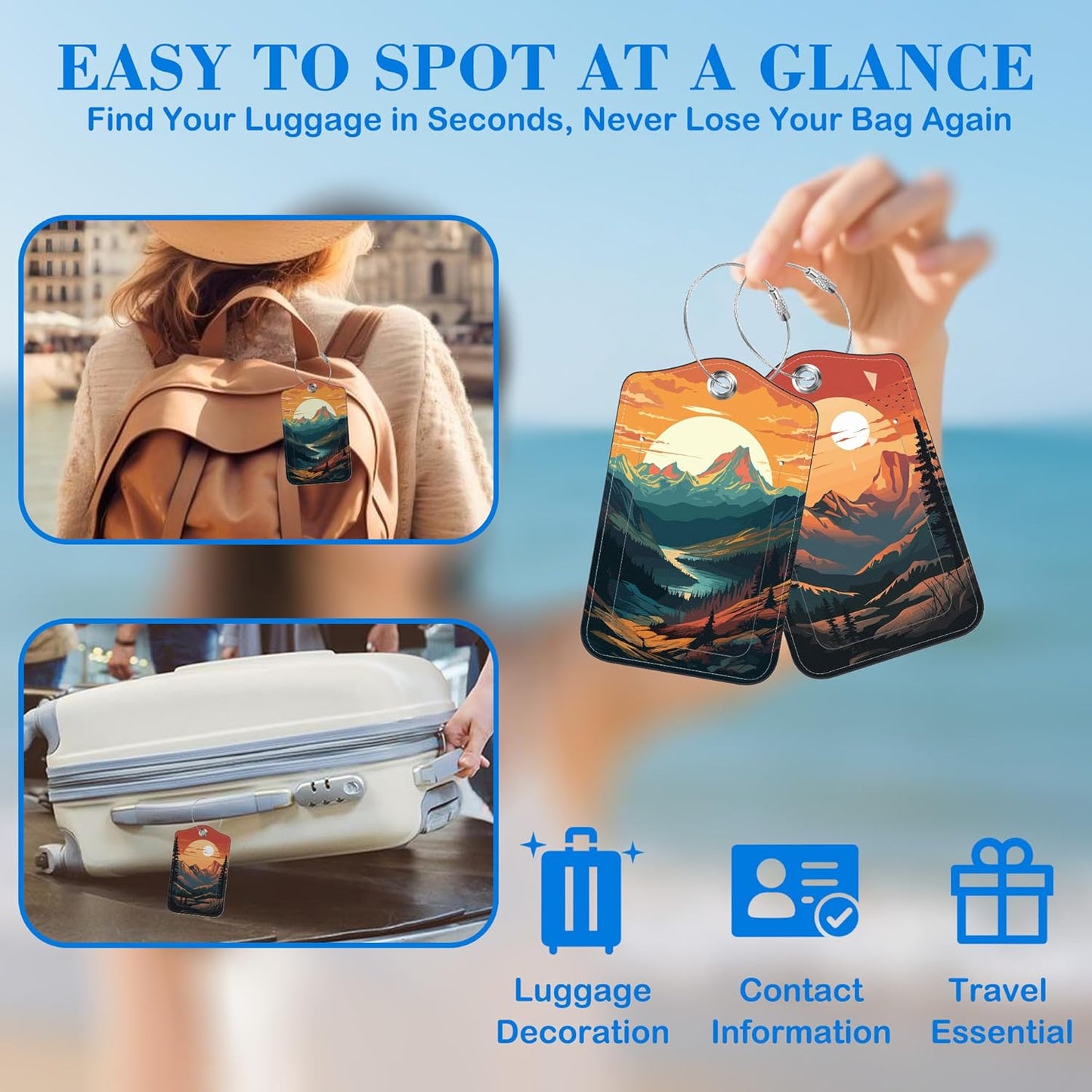 2 Pcs Luggage Tags for Suitcases, Sunset in The Mountains Leather Bag Tags for Luggage Privacy Cover Name ID Label with Stainless Steel Loop Cruise Airport Travel Essentials