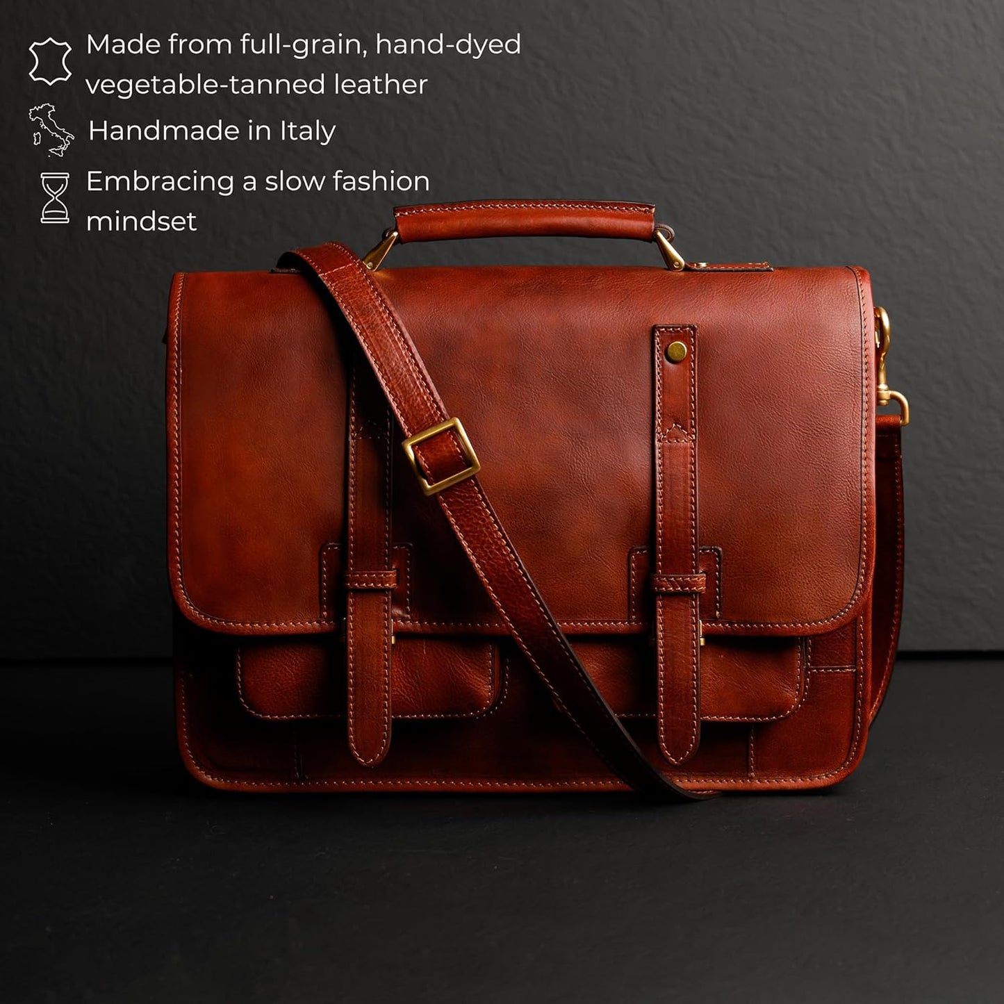 Time Resistance Leather Briefcase – Italian Handmade Leather Laptop Bag – Briefcase Convertible