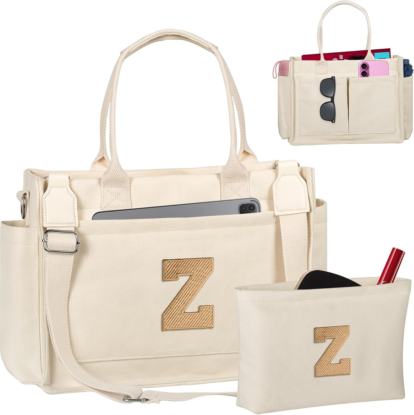 Gifts for Women Teen Girls, Initial Tote Bag with Zipper, Letter Canvas Tote Purse for College Work Laptop Beach