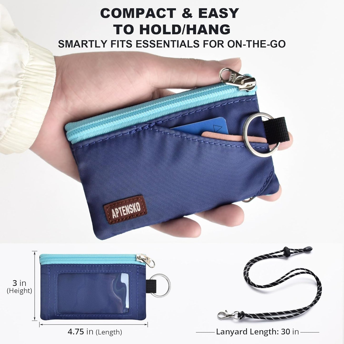 RFID Travel Wallet with Adjustable Lanyard-Zipper Small Wallet with ID Card Holder, Keychain for women&men-Minimalist Slim Waterproof Nylon case for ID, Cash, Key (Navy Blue)