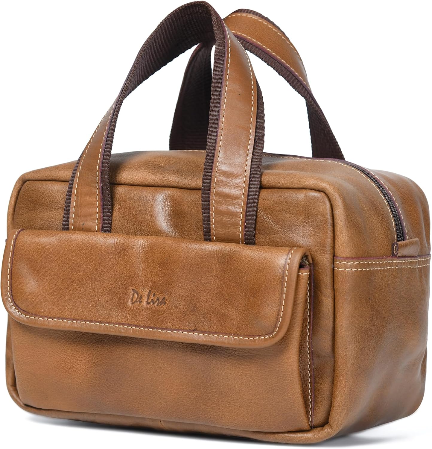 De Lira Extra Large Full-grain Leather Toiletry Bag, Shaving Kit & Cosmetics Case, 10x6x5.5 in, Travel Organizer for Men & Women, Light Brown