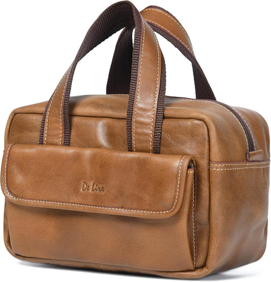De Lira Extra Large Full-grain Leather Toiletry Bag, Shaving Kit & Cosmetics Case, 10x6x5.5 in, Travel Organizer for Men & Women, Light Brown