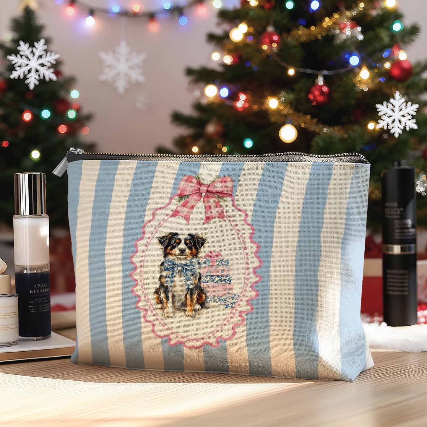 Coquette Chinoiserie Christmas Australian Shepherd Makeup Bag Gifts for Women, Preppy Grandmillennial Aussie Dog Cosmetic Bag, Xmas Blue Striped Zipper Makeup Pouch Travel Toiletry Bag
