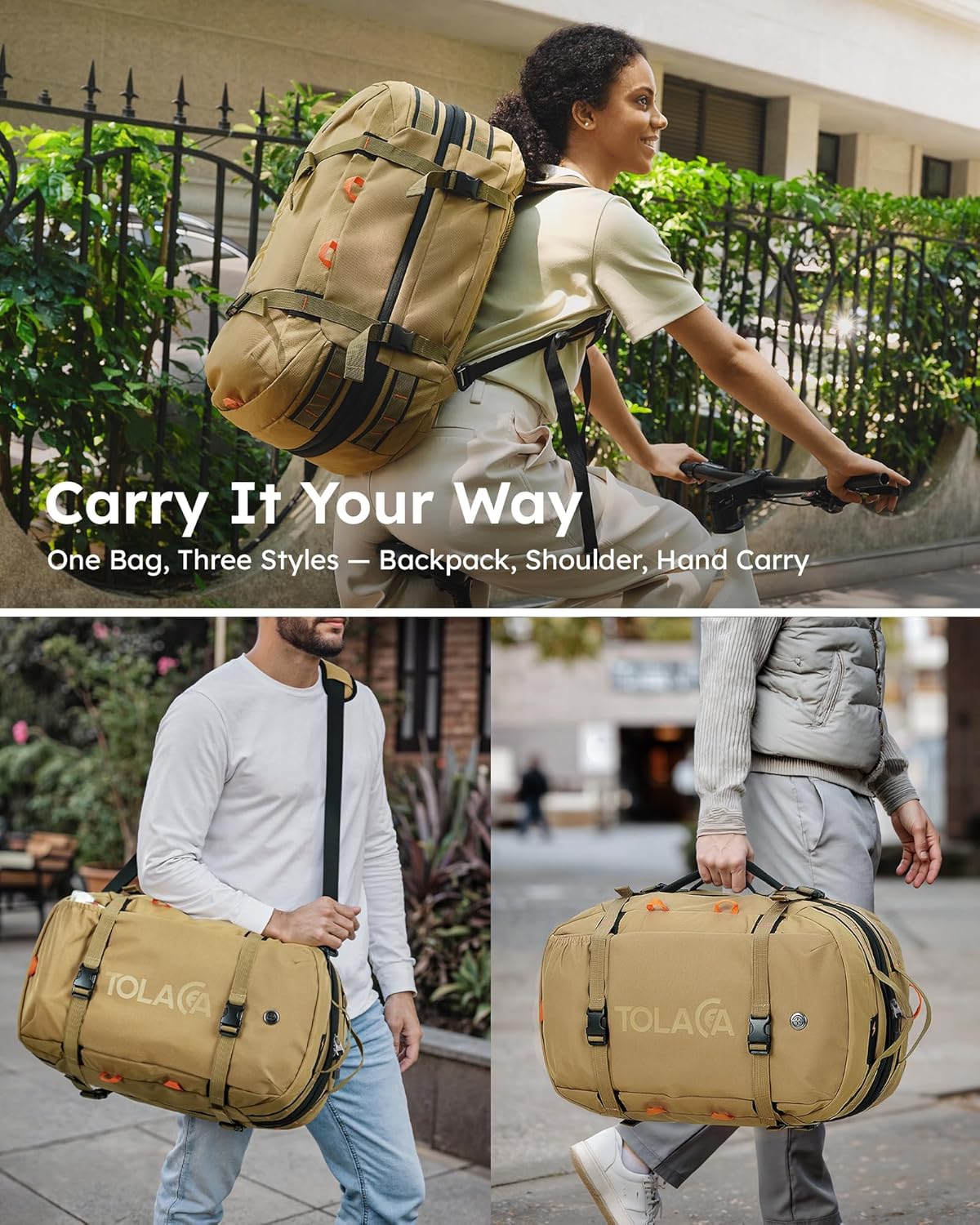 Tolaccea Travel Laptop Backpack, Large Carry on Backpack Flight Approved Convertible Duffle Luggage Bag Daypack Work Business Rucksack Fits 16" Laptop for Men Women 3 Carrying Ways, 40L-50L Expandable
