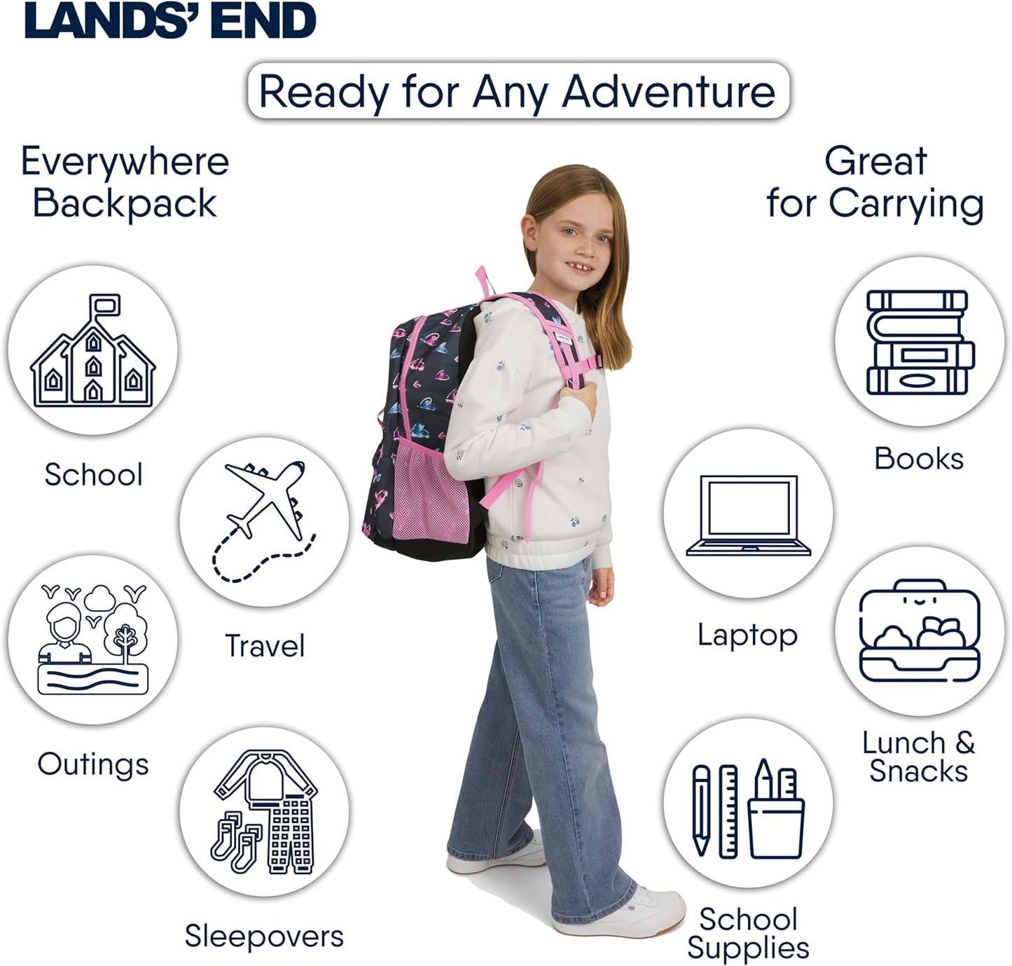 Lands' End Unisex Kids Large ClassMate Lightweight Durable Elementary School Backpack, Hot Pink