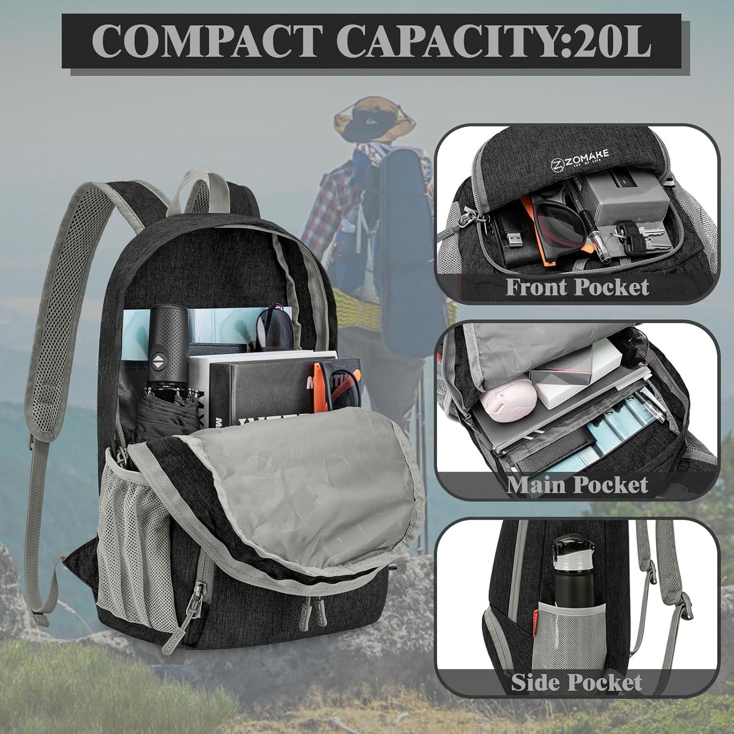 ZOMAKE Ultra Lightweight Packable Backpack 20L,Small Foldable Backpacks Hiking Water Resistant Collapsible Daypack for Women Men(Black-B2)