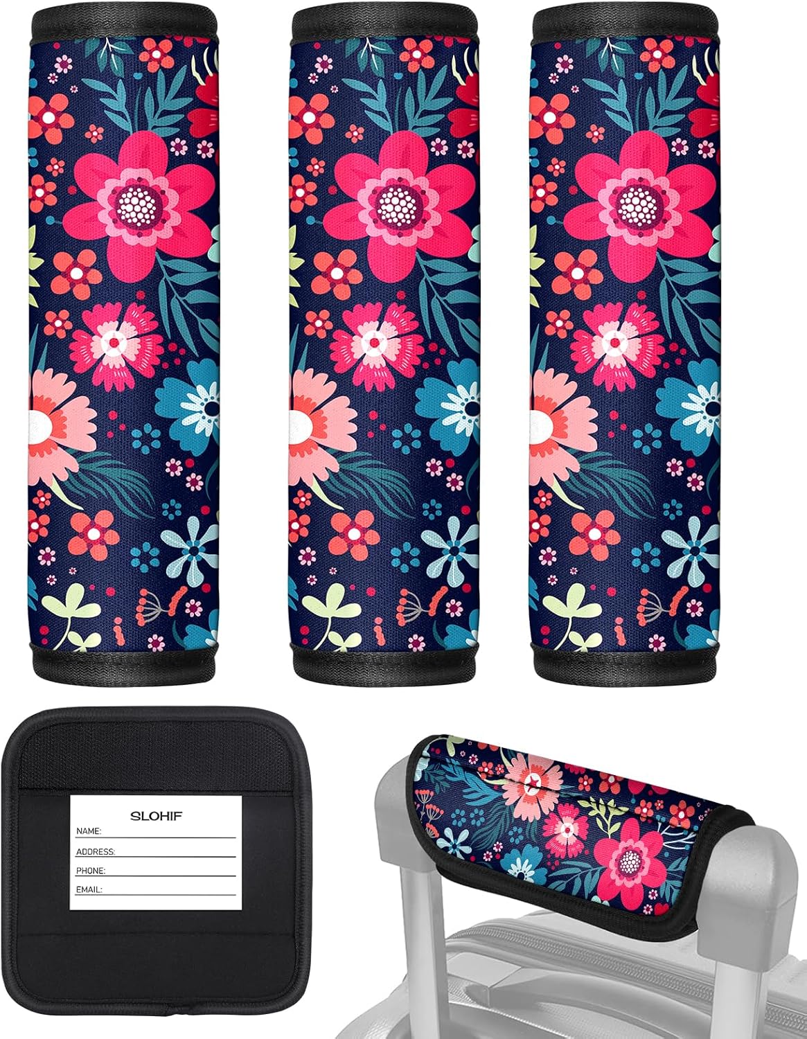 Slohif Luggage Handle Wrap 3Pcs Suitcase Identifier - Bag Strap Cover For Bogg Travel Accessories Easy Identification Bright Marker Sleeve Grips Comfort Neoprene Concealed Tag For Airport, Flower