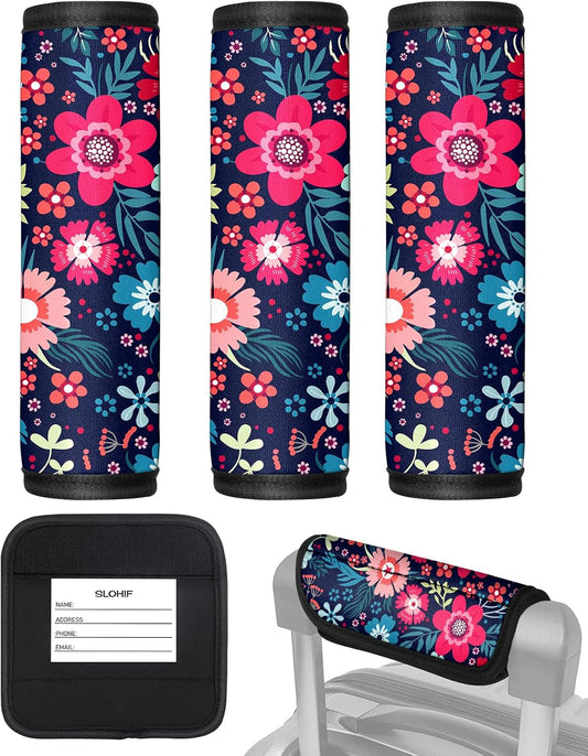Slohif Luggage Handle Wrap 3Pcs Suitcase Identifier - Bag Strap Cover For Bogg Travel Accessories Easy Identification Bright Marker Sleeve Grips Comfort Neoprene Concealed Tag For Airport, Flower