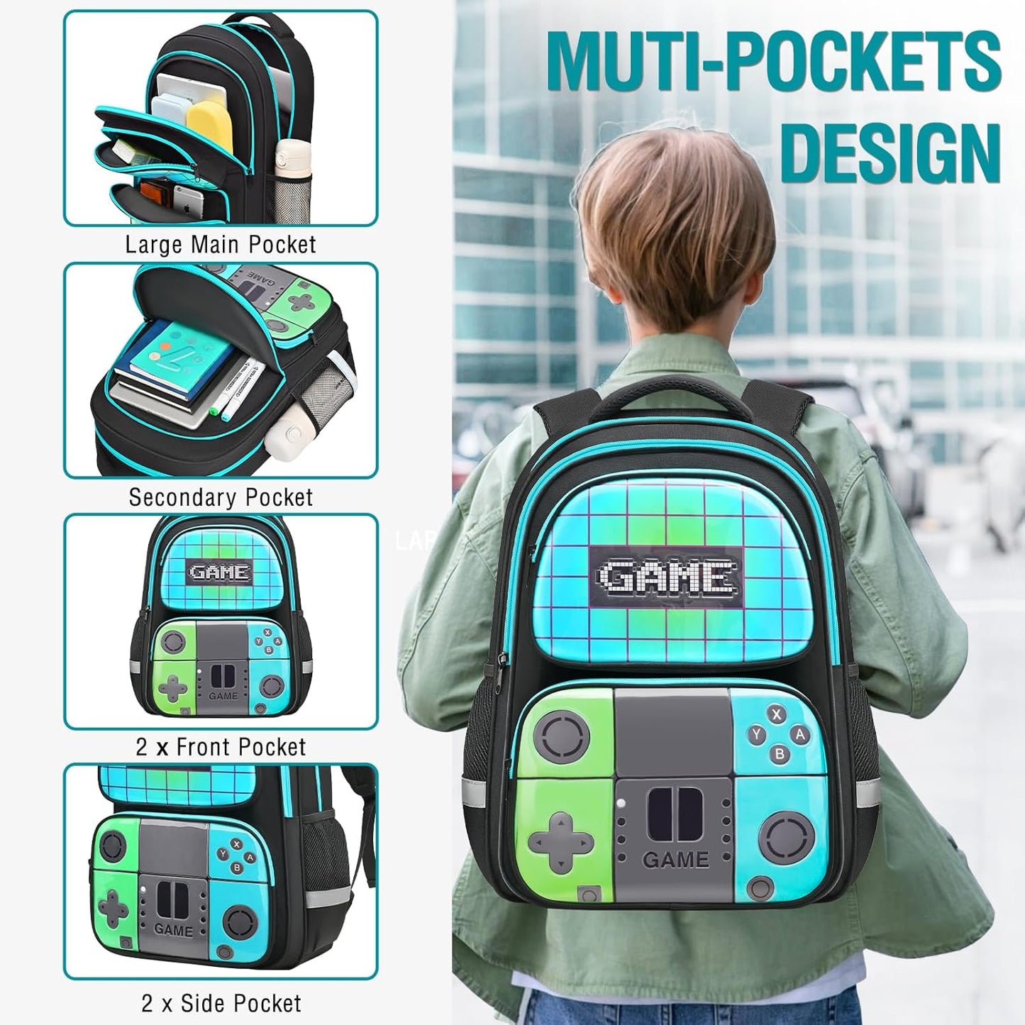 School Backpack For Boys,Gamer Kids Backpack For Elementary Middle School Student Age 6-14,17″